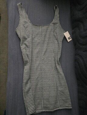 SO Black and White Houndstooth Sleeveless Square Neck Mini Dress